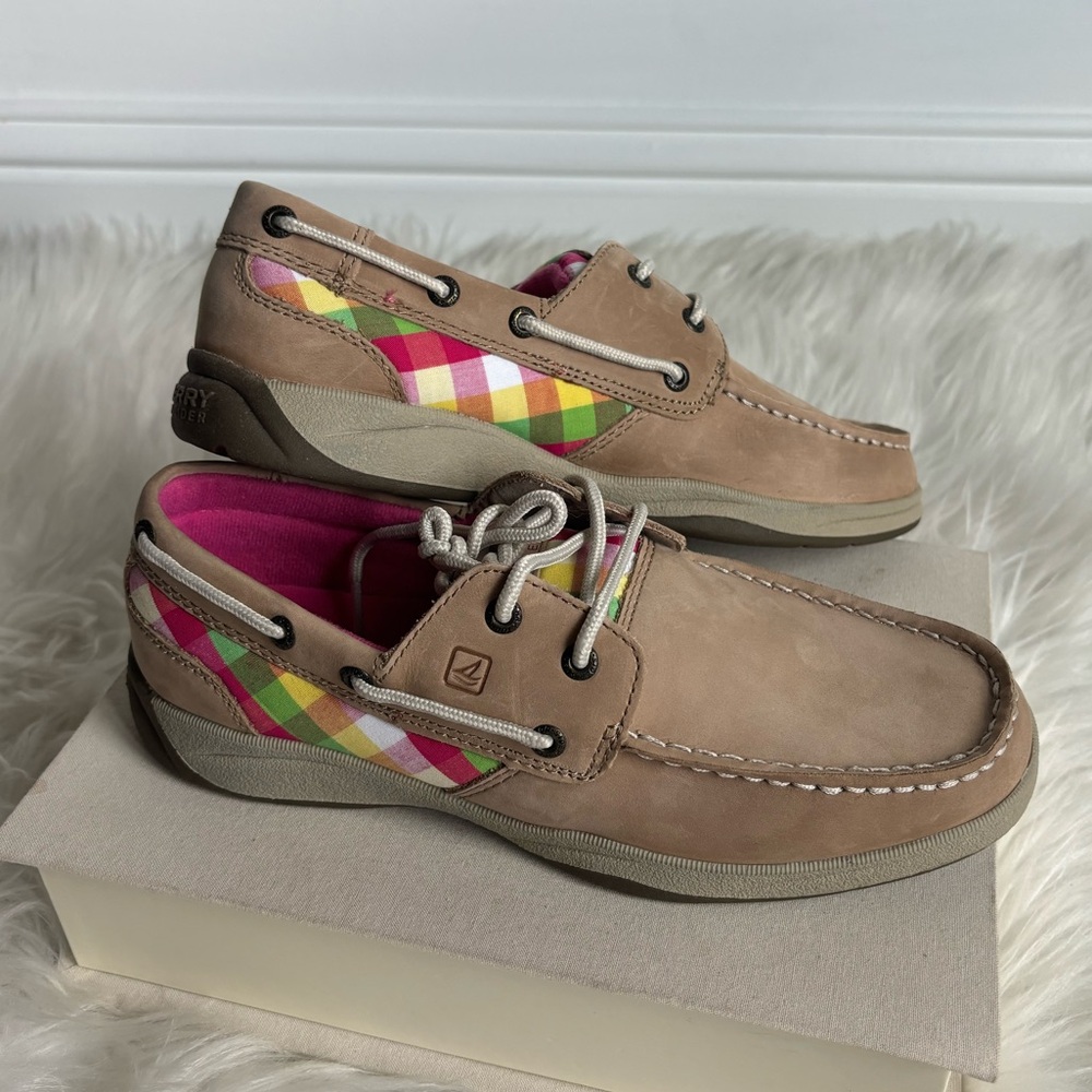 Girls Sperry Top-Sider Boat Shoes with Pink Plaid Detail - Size 5